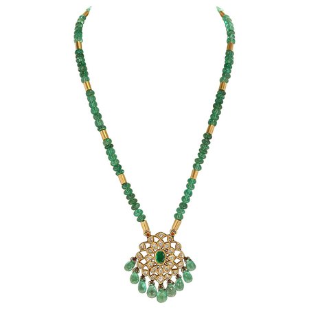 Genuine and Natural Plain Emerald Beads Necklace and Indian Kundan Enamel Pendant For Sale at 1stDibs | emerald beads necklace indian designs, indian beads necklace