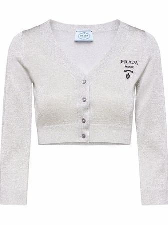 Shop Prada intarsia logo-knit cropped lurex cardigan with Express Delivery - FARFETCH