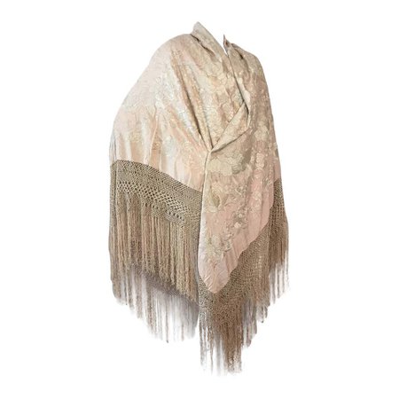 1920s Cantonese Embroidered and Fringed Silk Shawl in Blush and Pearl at 1stdibs