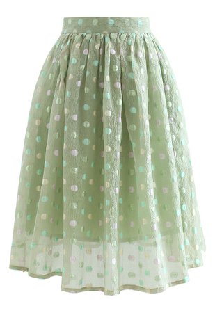 Colorful Dots Jacquard Organza Pleated Skirt in Green - Retro, Indie and Unique Fashion