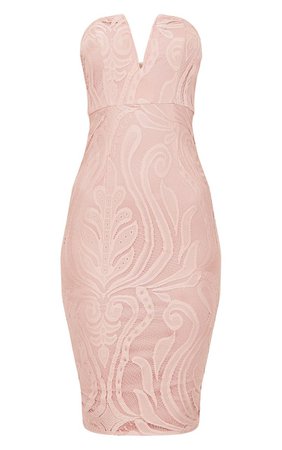 Dusty Pink Lace V Bar Bandeau Midi Dress | PrettyLittleThing USA