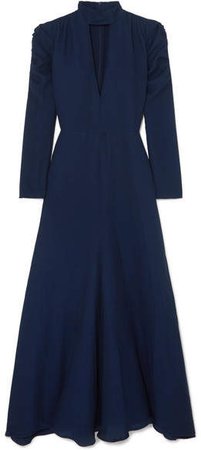 Ruched Cutout Silk-blend Crepe Gown - Blue