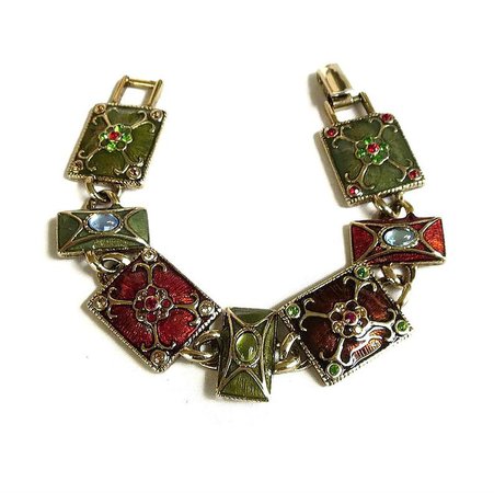 Deep Reds and Green Enamel & Rhinestones Link Bracelet Vintage | Etsy
