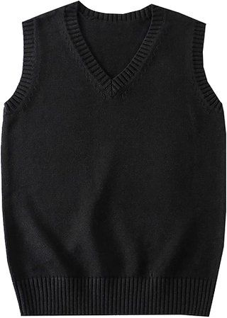 Kissonic Women's Knitted V Neck Vest JK Uniform Pullover Sleeveless School Sweater (Black, L) at Amazon Women’s Clothing store