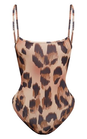 Shape Tan Straight Neck Leopard Print Bodysuit | PrettyLittleThing