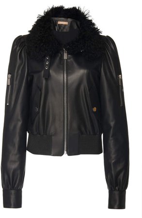 Shearling-Trimmed Leather Motorcycle Jacket