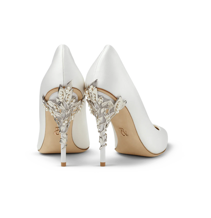 Ralph and Russo White Satin Eden Heels With Pearl And Silver Leaves