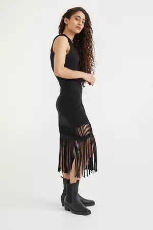 Fringe-trimmed dress - Black - Ladies | H&M GB