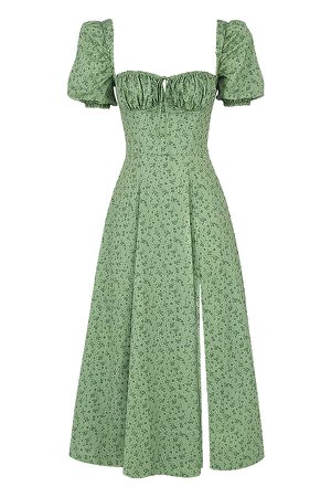 Clothing : Midi Dresses : 'Tallulah' Green Tonal Floral Puff Sleeve Midi Dress