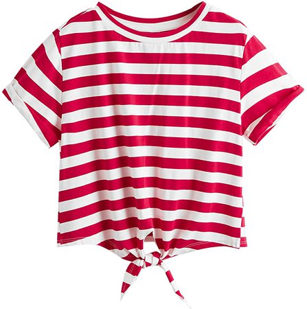 Romwe Women's Knot Front Cuffed Sleeve Striped Crop Top Tee T-Shirt at Amazon Women’s Clothing store