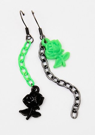 Mismatched Chain Drop Flower Earrings - Green/Black | Dolls Kill