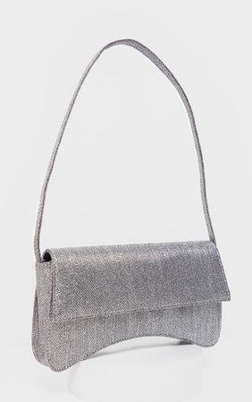 Silver Textured Glitter Flap Over Baguette Shoulder Bag | PrettyLittleThing
