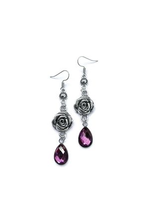 Silver Rose Gothic Earrings With Purple Drops Gothic Jewelry - Etsy