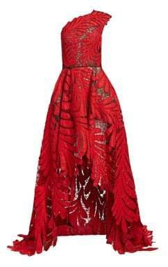 Women's One-Shoulder Beaded Silk Faille Gown - Scarlet - Size 10