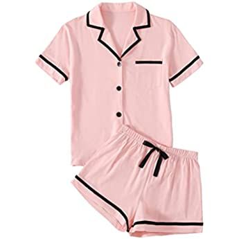LYANER Women's Striped Silky Satin Pajamas Short Sleeve Top with Shorts Sleepwear PJ Set Champagne Pink#2 X-Small at Amazon Women’s Clothing store