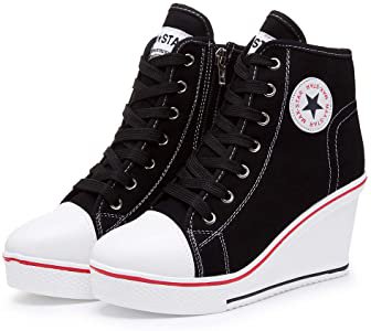 Amazon.com | Hurriman Women's Wedge Sneakers High Heel Canvas Shoes Lace up High Top Side Zipper Fashion Sneakers (5.5 B(M) US/Label 36, Black) | Fashion Sneakers