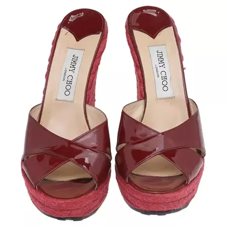 Jimmy Choo Red Patent Leather Phyllis Wedge Platform Espadrille Sandals Size 40 For Sale at 1stDibs