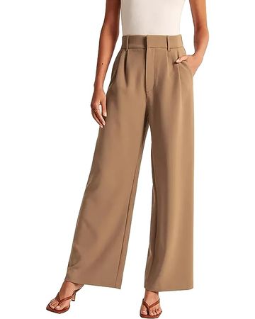 KUNMI Women's Wide Leg Pants Work Business Casual Loose High Waisted Dress Palazzo Flowy Trousers Khaki at Amazon Women’s Clothing store