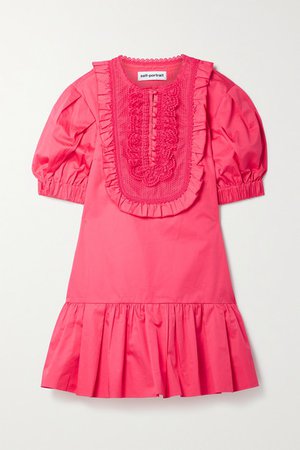 Crochet-trimmed Ruffled Cotton-poplin Mini Dress - Bright pink