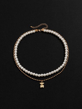 Men Bear Charm Faux Pearl Beaded Layered Necklace – theshejewelry