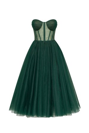 Emerald Green Strapless Puffy Midi Dress – Milla