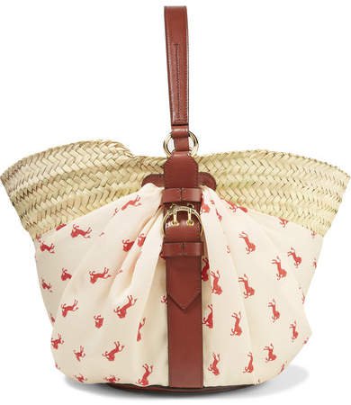 Panier Leather-trimmed Printed Twill And Woven Raffia Tote - Sand