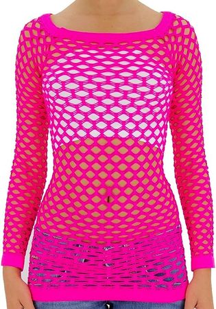 TD Collections Women's Elastic Nylon-Spandex Long Sleeve Fishnet Layer Blouse Top (One Size (S.M. L), Neon Pink) at Amazon Women’s Clothing store