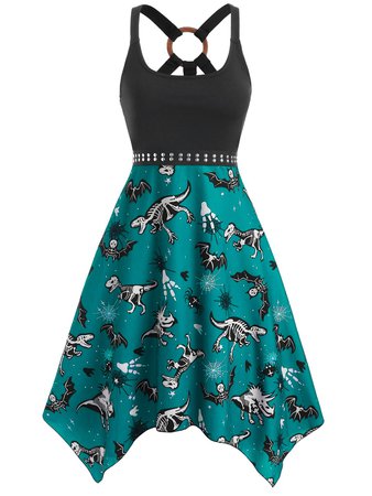 [36% OFF] 2021 O Ring Dinosaur Bat Skeleton Print Handkerchief Dress In MACAW BLUE GREEN | DressLily