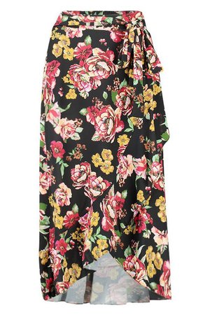 Floral Wrap Ruffle Hem Midi Skirt | Boohoo