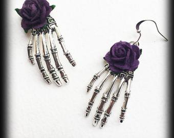 Gothic Earrings Skeleton Hands Burgundy Roses Antique | Etsy