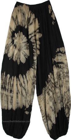 Ebony and Ivory Tie Dye Swirl Tall Harem Pants | Black | Split-Skirts-Pants, Tall, Tie-Dye, Bohemian