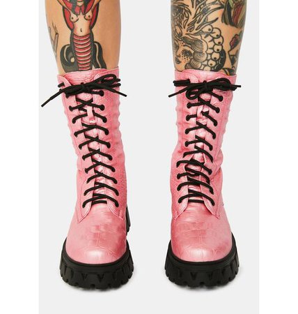 Koi Footwear Fontane Pink Croc Combat Boots | Dolls Kill