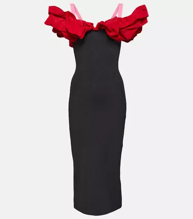 Ruffle Trimmed Off Shoulder Midi Dress in Black - Alexander Mc Queen | Mytheresa
