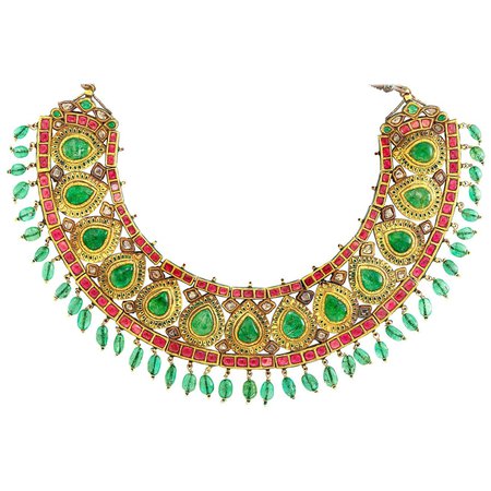 Indian Gold, Emerald, Ruby and Diamond Jaipur Enamel Fringe Necklace For Sale at 1stDibs | ruby diamond necklace indian, emerald indian necklace, indian emerald jewelry