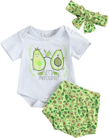 Baby Girl Avocado Outfit Short Sleeve Romper Bodysuit High Waist Shorts Bloomers Headband Summer Clothes Set (Green, 3-6 Months): Clothing, Shoes & Jewelry