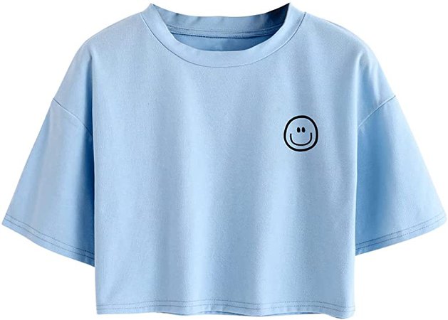SweatyRocks Women's Casual Short Sleeve Round Neck Crop Tops Funny Cartoon Graphic Print Summer T Shirts Baby Blue S at Amazon Women’s Clothing store