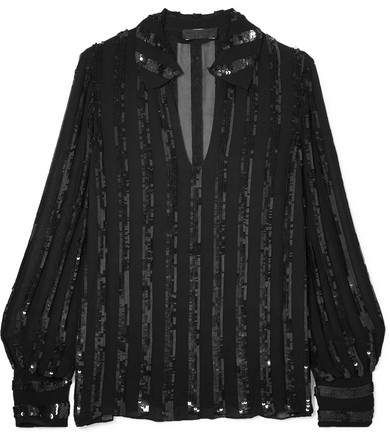 Anette Striped Sequined Chiffon Blouse - Black