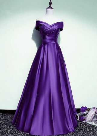 Off Shoulder A-line Purple Satin Long Party Dresses on Luulla