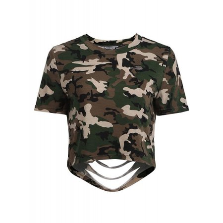 Women's Camo Print Crop Top Casual Distressed Short Sleeve T-Shirt - Pat2 - CW180IW57N0