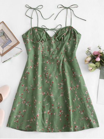 [24% OFF] 2020 Tiny Floral Print Tie Knot Dress In GREEN | ZAFUL