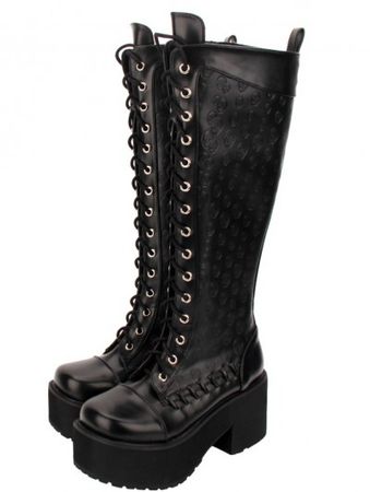 Black Gothic Punk Skull Lace Up Knee Platform Boots for Women - DarkinCloset.com
