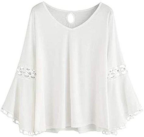 MakeMeChic Women's Bell Sleeve V Neck Contrast Crochet Lace Tee Shirt Blouse Top White S at Amazon Women’s Clothing store