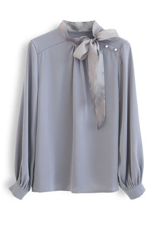 Satin Bowknot Neck Long Sleeves Top in Dusty Blue - Retro, Indie and Unique Fashion