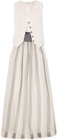 Belted Striped Herringbone Cotton And Linen-blend, Silk-blend Satin And Organza Maxi Dress - White