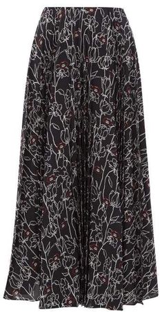 Pleated Floral Print Silk Crepe Midi Skirt - Womens - Black Multi