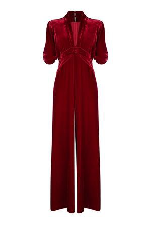 Nancy Mac Sable jumpsuit in deep red silk velvet