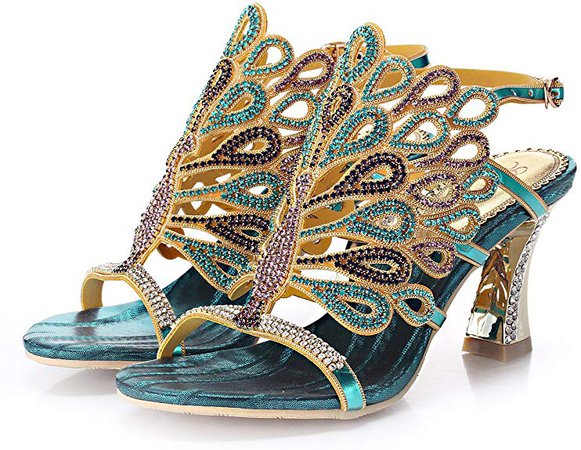 Amazon.com | Unicrystal Women's Rhinestone Peacock Patterned Handmade Sandals with Chunky Heel Blue 7.5 M US | Heeled Sandals