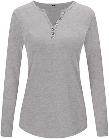 KILIG Women's Long Sleeve V-Neck Button Loose Casual Tunic Tops Blouse Henley T Shirts(D2-Brown, XL) at Amazon Women’s Clothing store