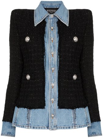 Black Balmain Tweed Denim Jacket | Farfetch.com