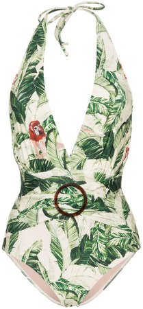 tropical print belted swimsuit